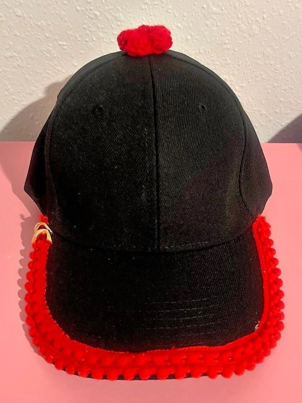 Black & Red Pom Trim Hat Like New